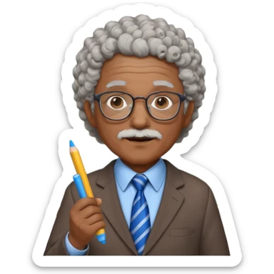 old man teacher, brown skin, curly grey white hai, wearing glasses, brown suit, blue tie hold chalk on hand sticker