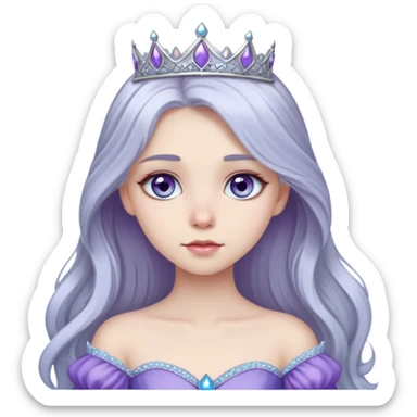 long haired girl with silver hair color and pale skin, she has a sky blue eye color and she's wearing a purple princess gown sticker