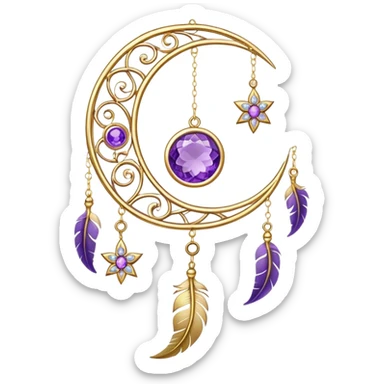 Epic beautiful gorgeous cute gold suncatcher, threads with shiny sparkly amethyst gemstones, flowers, crescents-moons, stars, violet Feather sticker