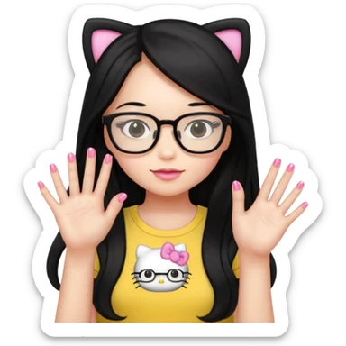 Nails cute hello kitty wear glasses black long  hair wear yello shirt sticker
