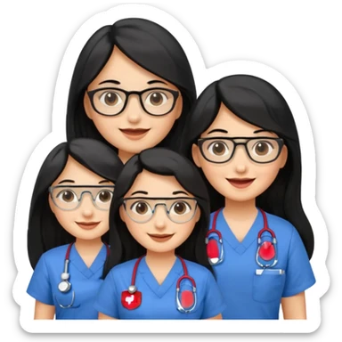 Genera emogis de 4 cuatro enfermeras de cabello negro largo, entre ellas que una tenga lentes y otra un lunar encima de los labios sticker