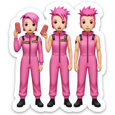 punk artists in pink jumpsuits protesting for spam meat is art sticker