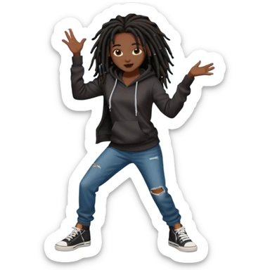 African American dark skin girl with black dreadlocks with brown tips wearing a plain black hoodie wearing denim jeans and shoes dancing in music video sticker