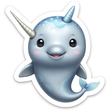 Cinematic Cute Narwhal Portrait Emoji, Head tilted playfully and inquisitively, showcasing a sleek, streamlined body with subtly iridescent, mottled gray skin and a prominently spiraled ivory tusk, complemented by round, sparkling eyes full of gentle wonder, Simplified yet irresistibly adorable features, highly detailed, glowing with a warm, friendly arctic glow, high shine, affectionate and lively, stylized with a touch of whimsical marine charm, soft glowing outline, capturing the essence of a mischievous yet loving narwhal that seems as if it could frolic out of the screen into your heart! sticker