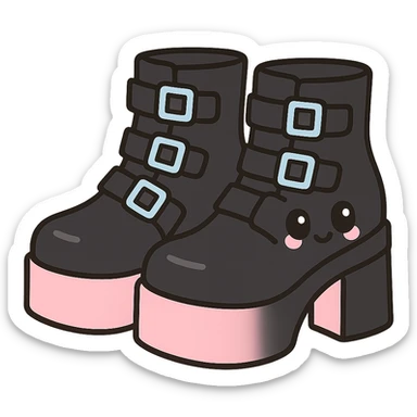 BLACKPINK-inspired gothic shoes, no hearts, black and pink, cute and stylish, kawaii style, platform boots with buckles, pastel blue accents sticker