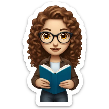 a white skinned girl, with curly brown long hair, blue eyes anf glasses, and some ear piercings is holding a red big law book sticker