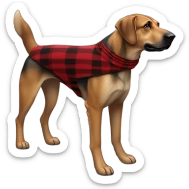 adult 75% Coonhound 25% German Shepherd mix dog with visible tail wearing small pointed red buffalo plaid bandana full body walking left quickly sticker