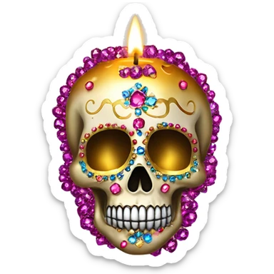 Realistic sugar skull decorated with colorful rhinestones with metallic gold candle on top of its head dripping meltdown metallic gold wax down skull sticker