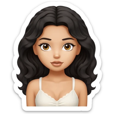a pretty bratz tan girl with wavy black hair wearing a white cami top. Skintone is tan sticker