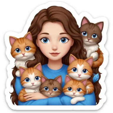 girl with long wavy brown hair, blue eyes, long lashes makeup, cuddling with 6 cute cats sticker