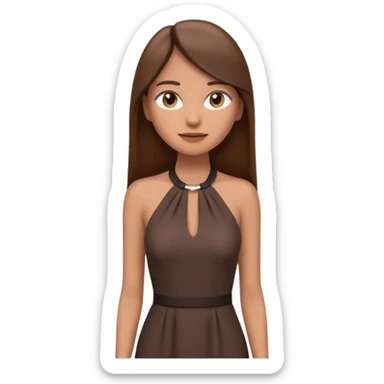 emoji-style illustration of a stylish woman with long straight brown hair, wearing a dark halter neck dress, elegant and minimalistic look, front-facing, soft 3D cartoon rendering, plain background sticker
