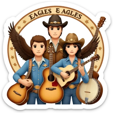 Icon for Country Music: A collage featuring Eagles as a band, Ricky Nelson, and Linda Ronstadt. Acoustic guitars, banjo, cowboy hats and a vintage Americana aesthetic evoke the spirit of classic country and country rock. Warm earthy tones. Transparent background. sticker