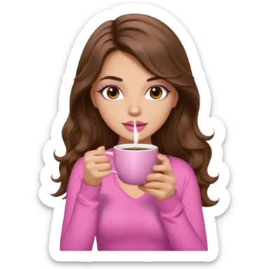 girl with long wavy brown hair, brown eyes, light to medium complexion, in a pink sexy top, pink lips, long lashes sipping coffee sticker