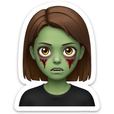 Zombie girl emoji verde com cabelo curto liso castanho no ombro com uma blusa preta sticker