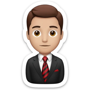 man wearing a suit with black horizontal stripes and a red tie sticker