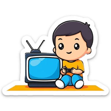 cute child sitting and watching cartoons on TV sticker