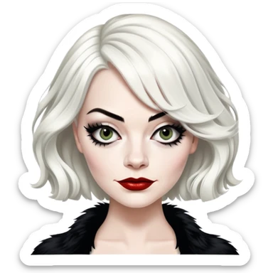 emma stone as Cruella with left side of the hair blad and the other half white sticker