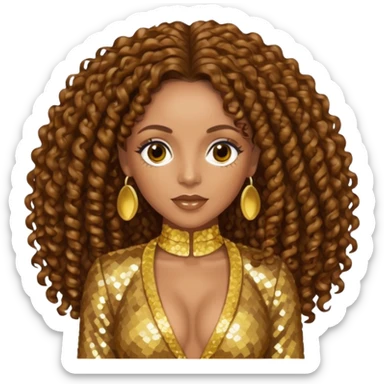 Melanie Brown with brown long curly hair, gold outfit sticker
