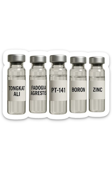 3 fiale mediche: Tongkat Ali, Fadogia Agrestis, PT-141, Boron e Zinco fluttuano in aria verticalmente sticker