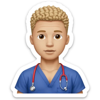 Ripped, athletic man with thick neck, high top fade with no part, curly hair only top only, no shirt and show waistline up add scrubs sticker