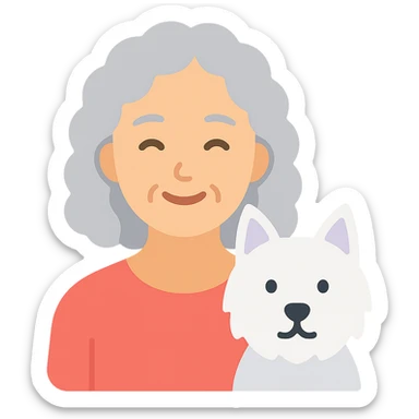 50-year-old pretty lady with silver curly hair, smiling, with a Westie dog, color icon sticker