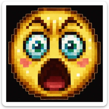 Make the surprised face emoji much more dramatic, with wide open mouth, raised eyebrows, and exaggerated eyes, in pixel art style. sticker