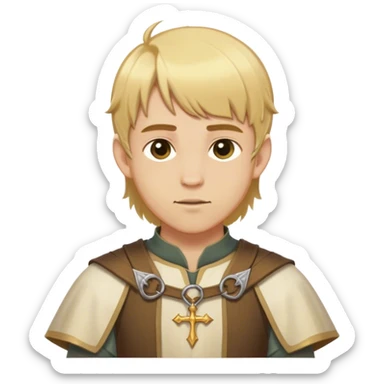 "Medieval summer outfit worn by a DnD themed fantasy male character. Character has golden blonde hair cut in a traditional page style, falling evenly just below the ears with a straight fringe across the forehead. sticker