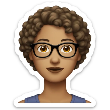 A women with brown short curly hair, light skinned, full cheeks and black glasses sticker
