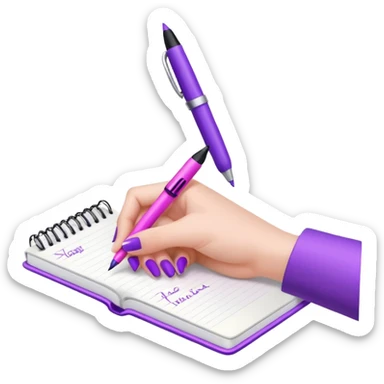 female hand with purple manicure writing in notebook with pink pen sticker