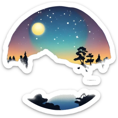 “Expansive starry night sky with bright constellations and a glowing full moon, a couple of shooting stars, and a peaceful lake reflecting the sky. Surrounding the lake are silhouettes of trees.” sticker