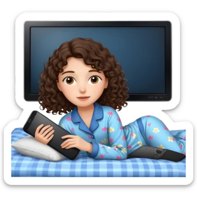 Draw a brunette girl with shoulder-length curly hair, lying on the bed watching TV.  sticker