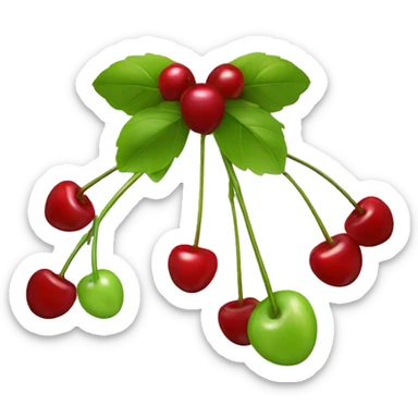 A bow with two short strings hanging down. From its center, two cherry stems with cherries extend downward. Simple background to highlight the bow and cherries sticker