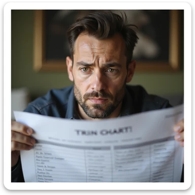 close-up of the face of a 30-year-old man, discouraged expression, holding a diet and training chart, domestic environment, 4K details sticker