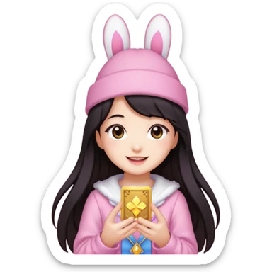 pixel art chibi asian girl with dark long hair in pink bunny hat magical girl with kawaii tarot cards thrown in air pixel emoji sticker