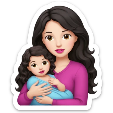 Beautiful Mother long black wavy  hair pink lipstick  holding 1 one infant brown hair fair skin sticker