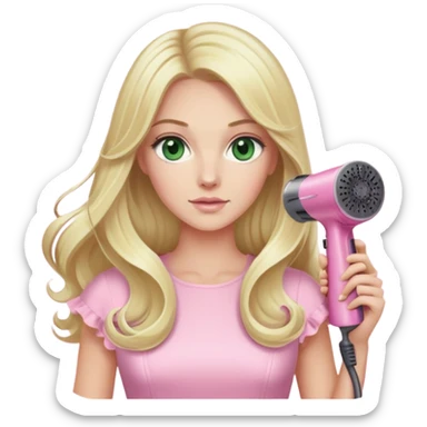 blonde with long hair and swamp green eyes, wearing a pink pastel dress, holding a pink Dyson hair dryer sticker