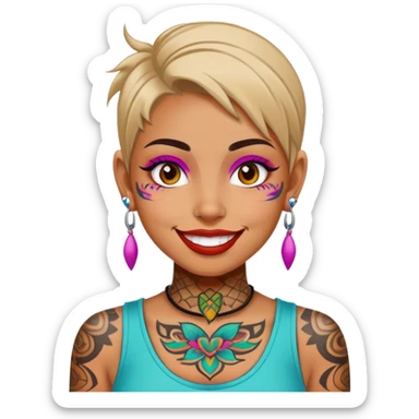 girl with bold face tattoos, happy face, wearing a colorful shirt sticker