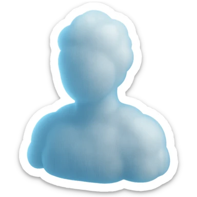 person made entirely of white fluffy convex clouds with a light blue tint, shoulder up, front view, matte glass style, no background sticker