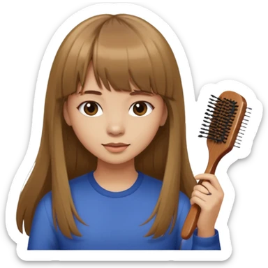 a girl with light skin and medium brown long hair with bangs who is brushing her hair sticker