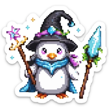 penguin wizard with magical sparkles, a unicorn, fairy, and tiny goblin companion sticker
