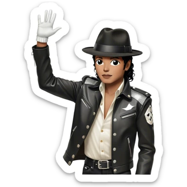 Icon for R&B Music: Michael Jackson in his black fedora, sparkling glove, and leather jacket, striking his famous final pose after performing, with one arm raised and head tilted back. Musical notes surround him, symbolizing the essence of R&B. Transparent background. sticker
