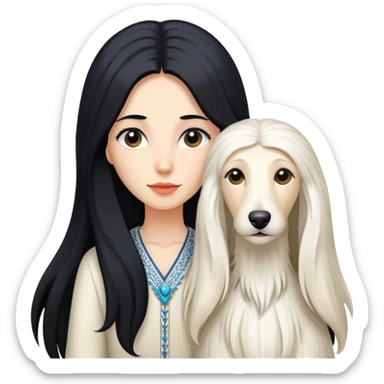 A girl with long black hair walks a white Afghan hound sticker