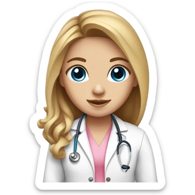 girl with long brown blonde hair blue eyes wearing pink doctor  scrubs, white doctor coat, stethoscope  sticker