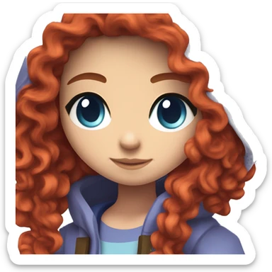 a white girl with long red curly hair, wearing periwinkle Minecraft hoodie playing a videogame sticker