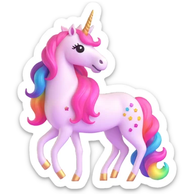 licorne entièrement pailletée, corps rose pailleté, crinière arc-en-ciel pailletée, corne unique arc-en-ciel pailletée, style 3D emoji microsoft sticker