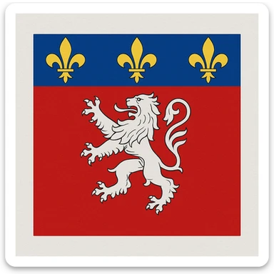 square flag of the city of Lyon, France, with traditional coat of arms: red background, silver rampant lion, chief azure strewn with golden fleurs-de-lis sticker