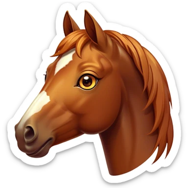 Cinematic Comical Bay Horse Portrait Emoji, Head tilted dramatically with an exaggeratedly amused expression, featuring a striking bay fur with a glossy finish and bold accents, wide, expressive amber eyes filled with playful disbelief, Simplified yet hilariously expressive features, highly detailed, glowing with a slightly sassy glow, high shine, dramatic yet playful, stylized with an air of cheeky mischief, bright and endearing, soft glowing outline, capturing the essence of a spirited and over-the-top horse, so meme-worthy it feels like it could side-eye its way into internet fame instantly! sticker