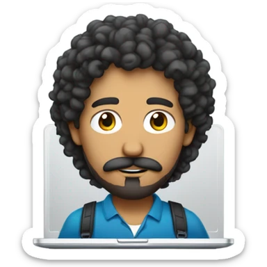 no glasses, Mexican school IT technician with apple laptop and with curly hair and mustache and beard  sticker