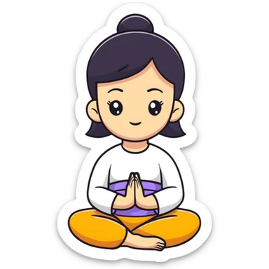 White girl with black hair in meditation pose, peaceful self care wellness moment sticker