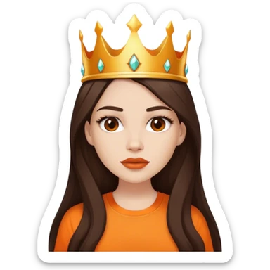 a White beautiful girl white natural lipstick and long dark brown hair, and orange shirt and a crown sticker
